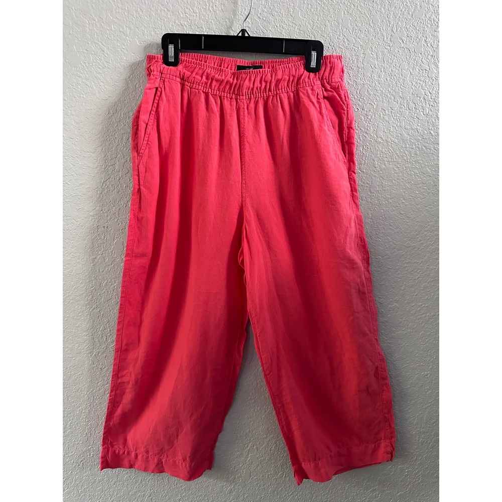 Tahari Women Coral Pink 100% Linen Elastic Waist Cropped Wide Leg Pants Size M